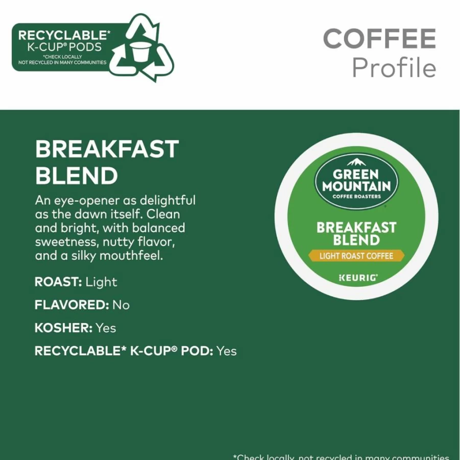 Green Mountain Coffee Roasters Light Roast Breakfast Blend K-Cup Pods, 96 Count Single-Serve Keurig Compatible Coffee