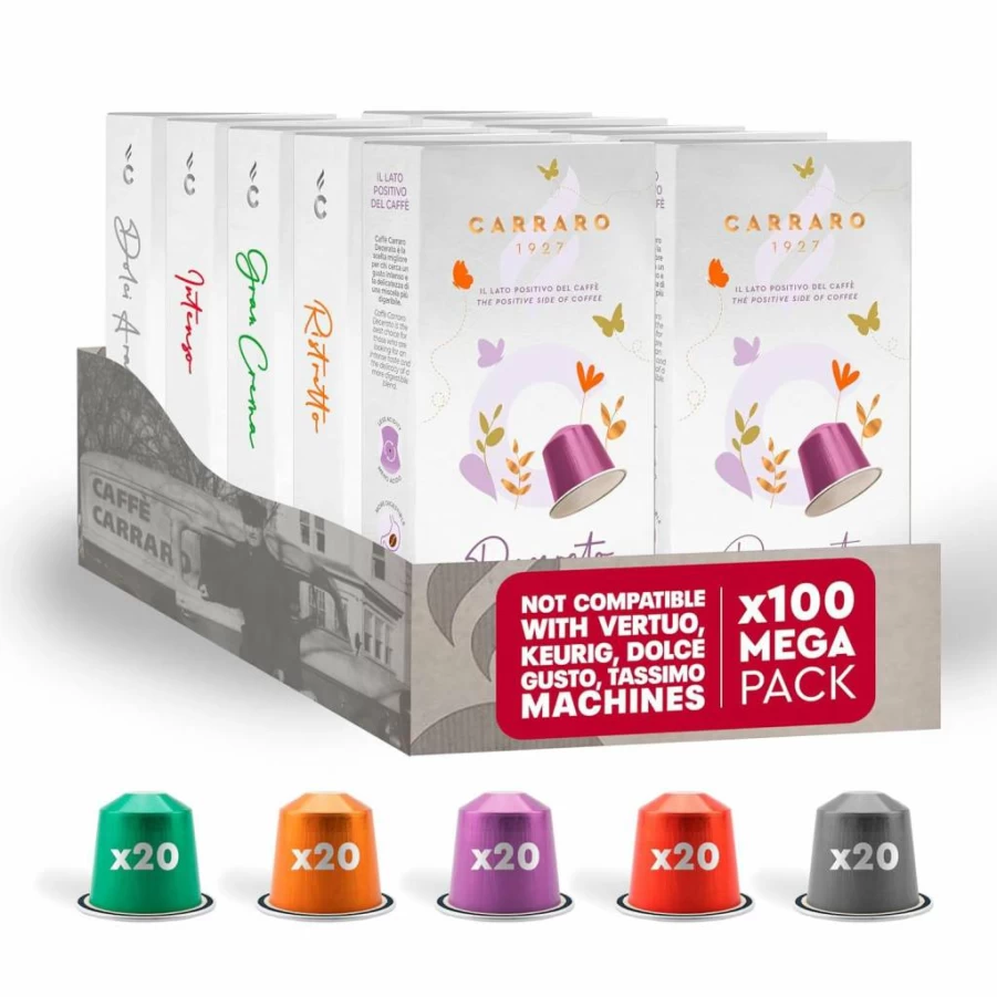 CARRARO 1927 Variety Pack 100 Aluminum Espresso Pods for Nespresso Original Line - Medium & Dark Roast Italian Coffee Capsules (Not Vertuo Compatible)