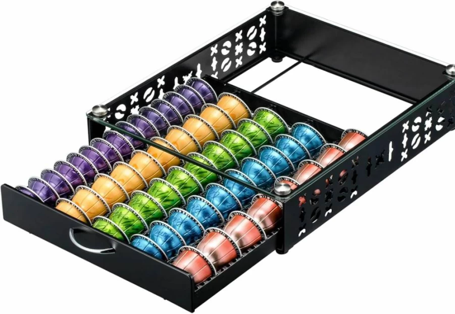 ZCDCP Glass Top Coffee Pod Organizer Drawer – Vertuo & Original Nespresso Pod Storage Holder with 50 Capsules Capacity