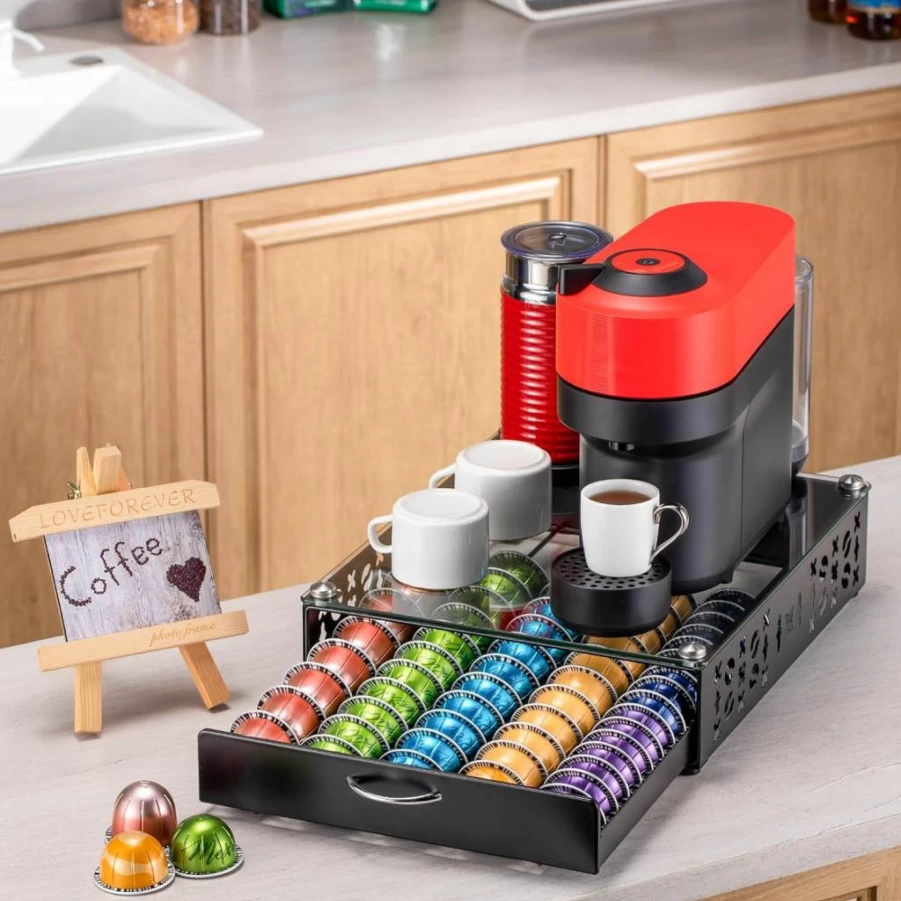 ZCDCP Glass Top Coffee Pod Organizer Drawer – Vertuo & Original Nespresso Pod Storage Holder with 50 Capsules Capacity