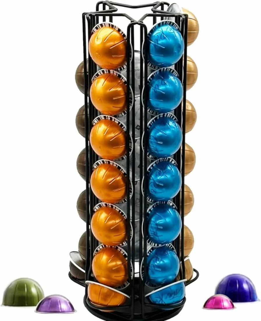 Meelio Vertuo Pod Holder Carousel Stand - Holds 35 Nespresso Vertuo Capsules, Spinning Storage Organizer with Silent Rolling, Black Coffee Pod Dispenser