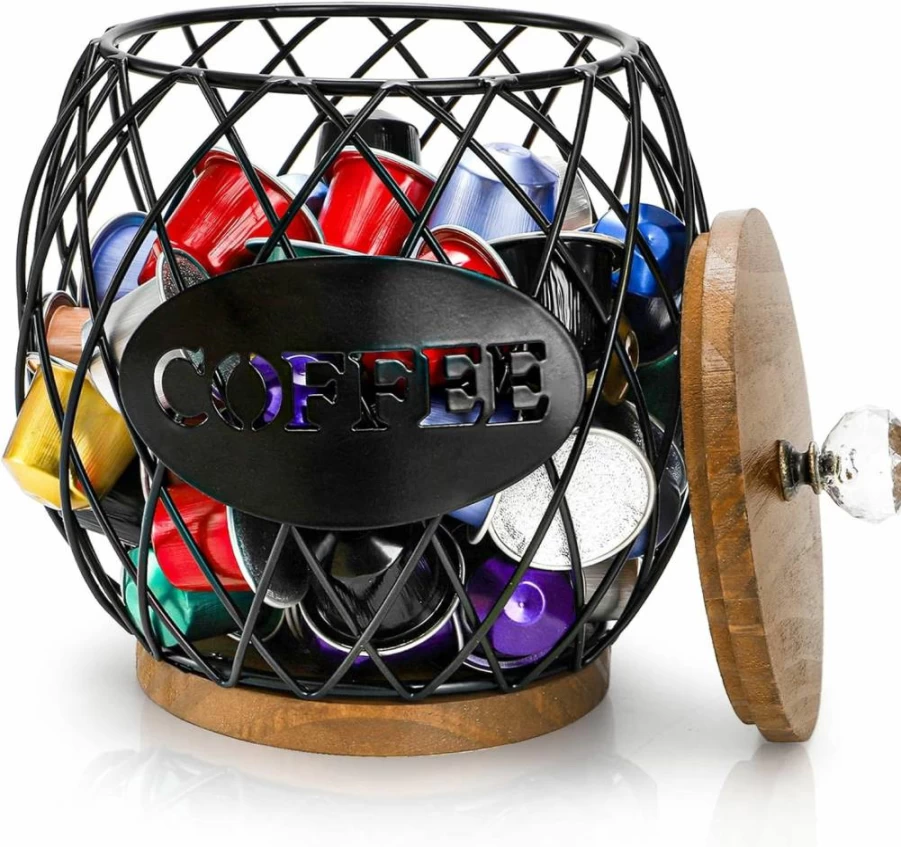 WRINGKIT Large Round Coffee Pod Holder with Lid - Black Wire K Cup Storage Basket for Keurig KCups, Espresso Capsules - Countertop Organizer & Decor