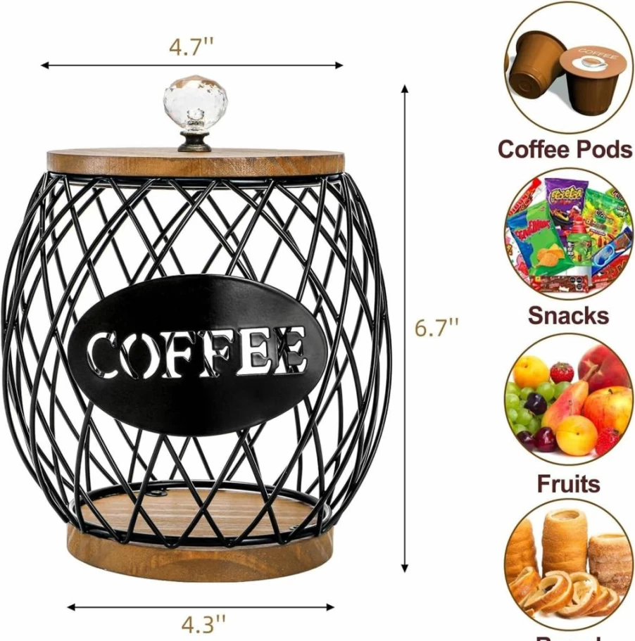 WRINGKIT Large Round Coffee Pod Holder with Lid - Black Wire K Cup Storage Basket for Keurig KCups, Espresso Capsules - Countertop Organizer & Decor