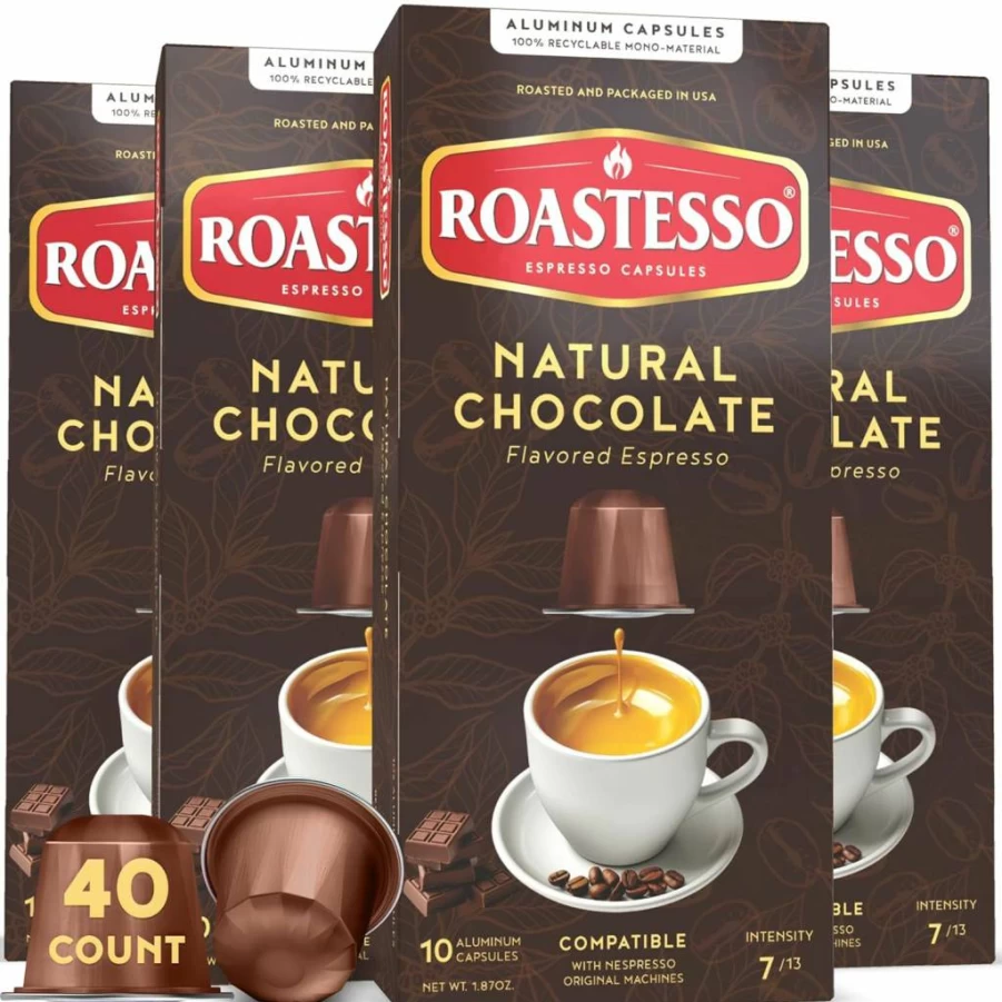 Roastesso Aluminum Espresso Capsules Variety Pack - French Vanilla, Caramel, Chocolate & Hazelnut Flavored Coffee Pods, 40 Count, Compatible with Nespresso Original Machines