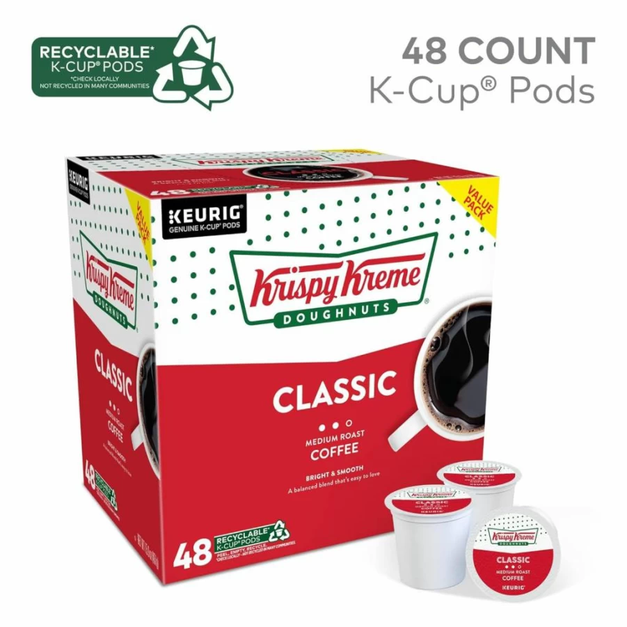 Krispy Kreme Medium Roast Coffee Pods, Classic Blend K-Cup Pods for Keurig, 32 Count Single-Serve Pack