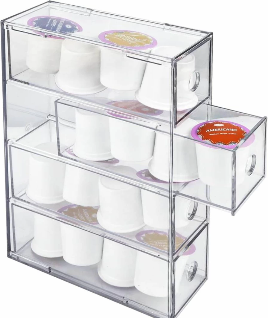 NOKI Acrylic Coffee Pod Organizer with 4 Drawers - Clear K Cup Holder for Keurig, Nespresso Vertuo, Espresso Capsules - Space-Saving Storage for Coffee Bar & Countertop