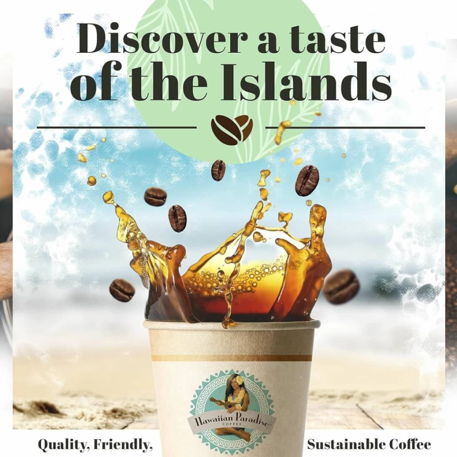 Hawaiian Paradise Coffee Decaf Kona Dark Roast K-Cups - 18 Count Single Serve Pods, Bold Flavor, Compatible with Keurig Brewers