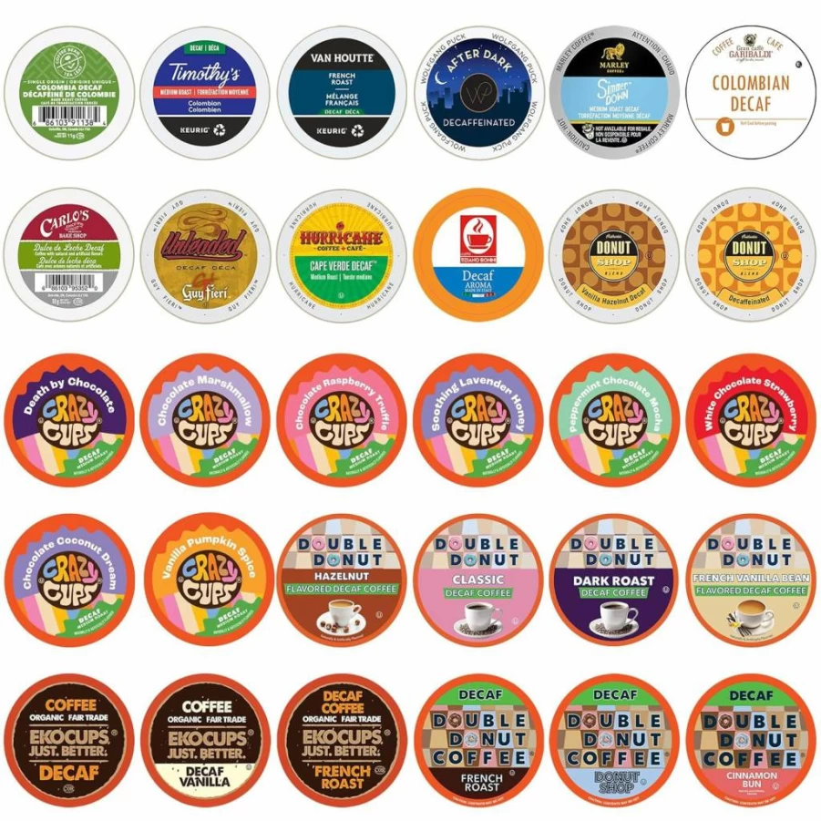 Crazy Cups Decaf Coffee Pods Variety Pack - 30 Assorted Flavored & Unflavored K-Cups Compatible with Keurig Brewers, No Caffeine, No Duplicates