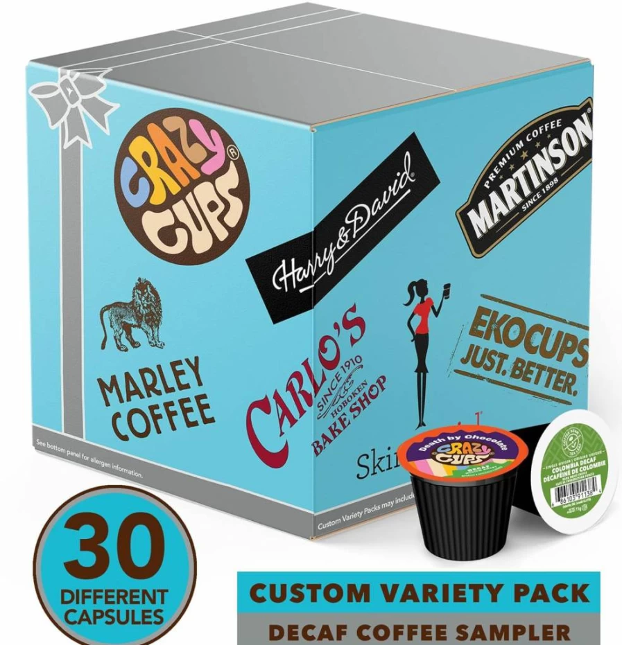 Crazy Cups Decaf Coffee Pods Variety Pack - 30 Assorted Flavored & Unflavored K-Cups Compatible with Keurig Brewers, No Caffeine, No Duplicates