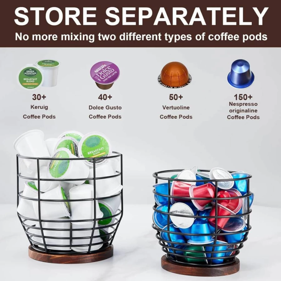 Yangbaga 2-Pack Modern Coffee Pod Organizer - Black Wire K-Cup Storage with Wooden Base for Keurig Capsules, Espresso Pods & Snacks, Countertop Bar Decor