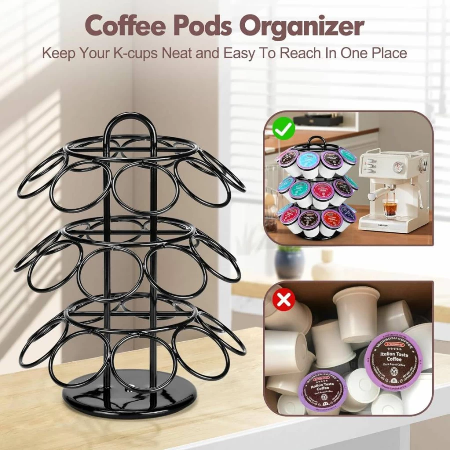 ROWISE 3-Tier 360-Degree Spinning Coffee Pod Holder Carousel - Modern Black K-Cup Organizer for Keurig (Holds 27 Pods)