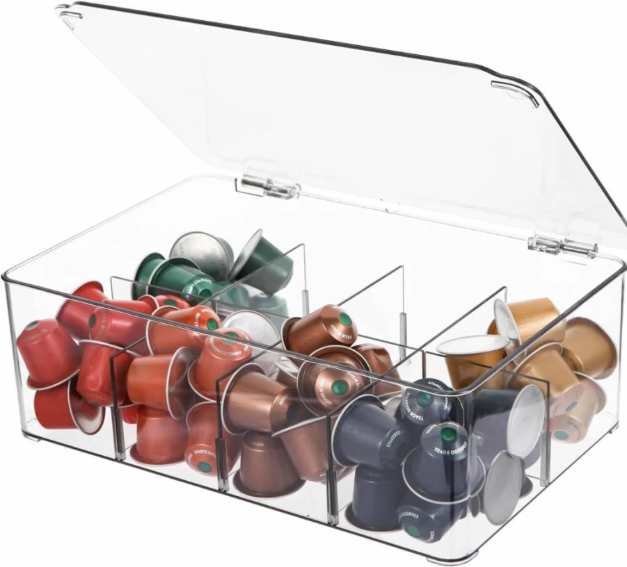 ZECENN Clear Coffee Pod Holder with Lid - 24-Count Storage Organizer Bin for Keurig Nespresso, Countertop Kitchen Cabinet Pantry Organization, Durable Plastic Container for Food and Pods