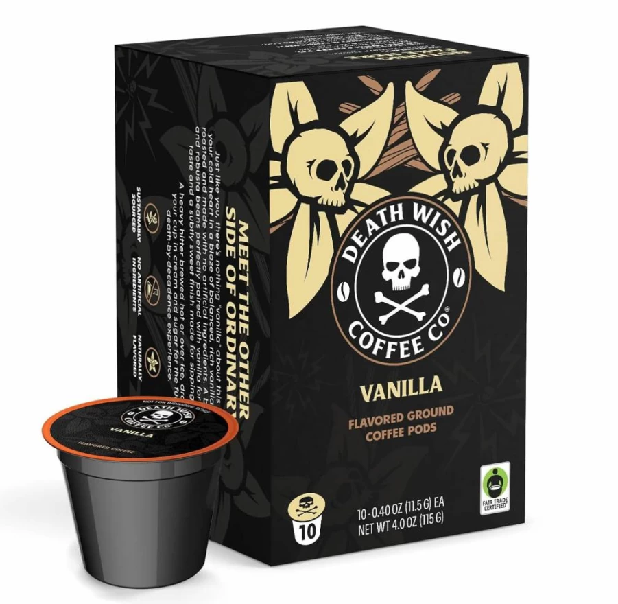 Death Wish Coffee Vanilla Single-Serve Pods - 10 Count, Strongest Coffee Pods, Compatible with Keurig