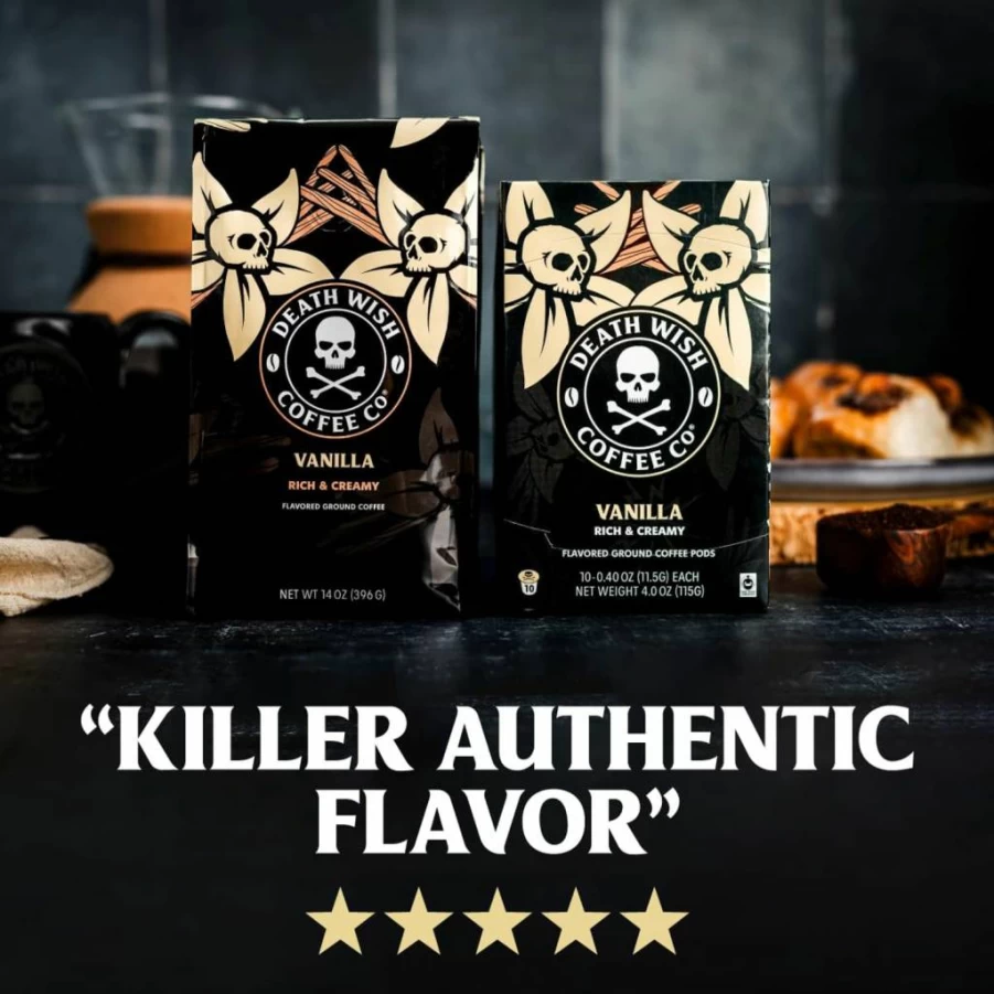 Death Wish Coffee Vanilla Single-Serve Pods - 10 Count, Strongest Coffee Pods, Compatible with Keurig