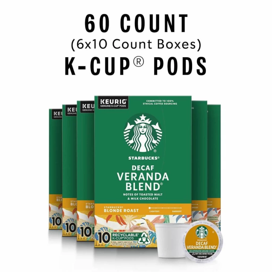 Starbucks Decaf Veranda Blend Blonde Roast K-Cup Coffee Pods, 100% Arabica, 6 Boxes (60 Pods Total) Light Roast Decaffeinated Coffee