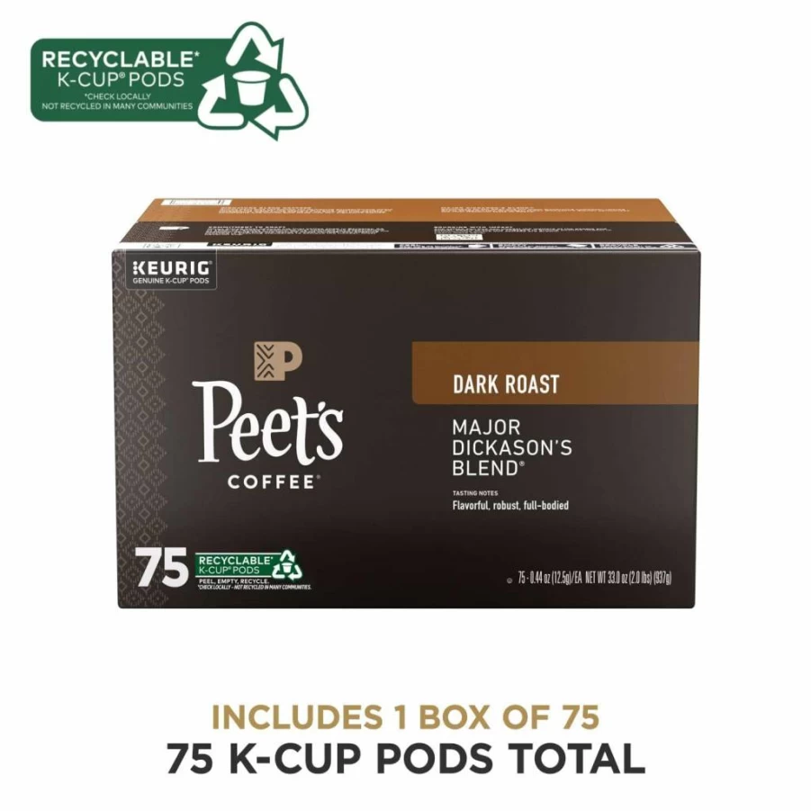 Peet's Coffee Major Dickason's Blend Dark Roast K-Cup Pods - 75 Count Box for Keurig Brewers