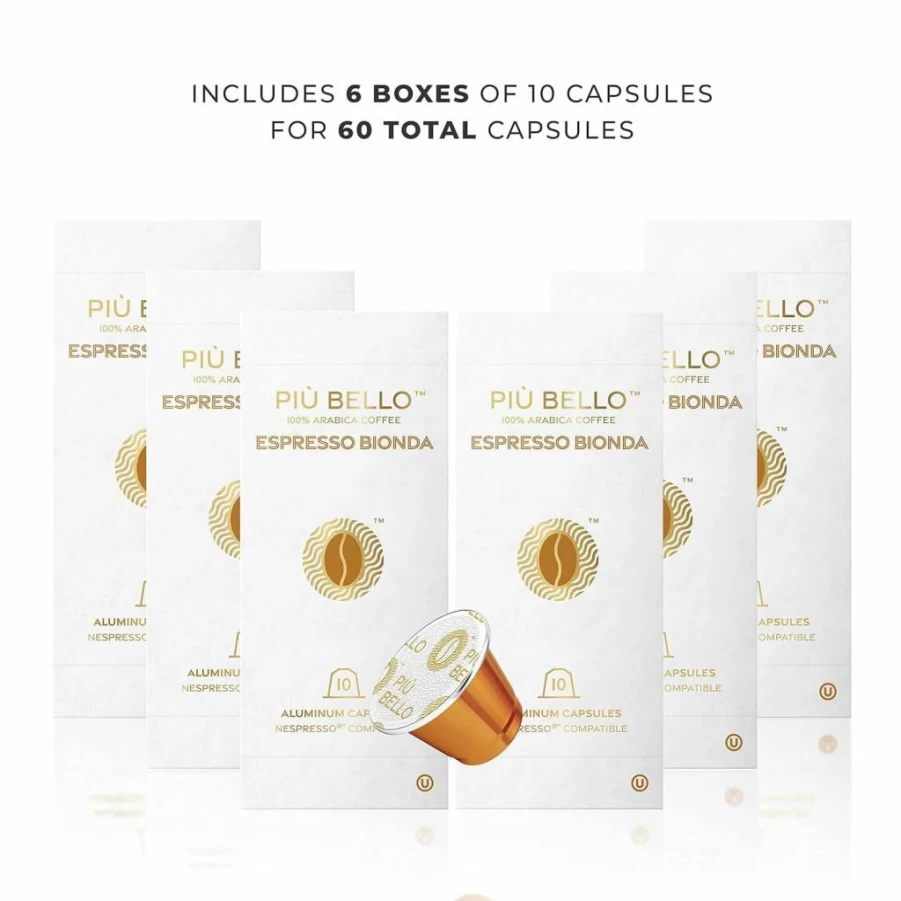 PIU BELLO Nespresso Original Compatible Coffee Pods Variety Pack - 60 Capsules, 6 Flavors (Light Roast, Dark Roast, Chocolate, Nuts, Caramel), Rich & Balanced, Kosher Certified