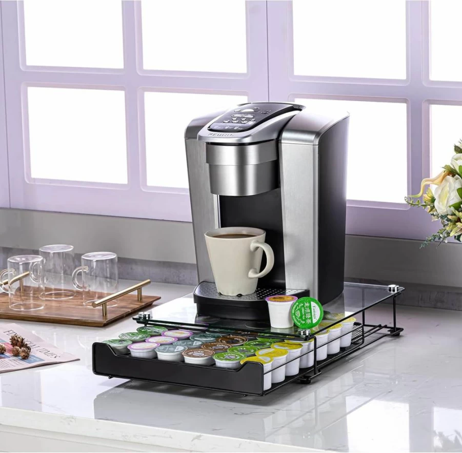 Rice Rat K-Cup Coffee Pod Holder with Glass Top - 42 Capsule Storage Drawer for Keurig Brewers