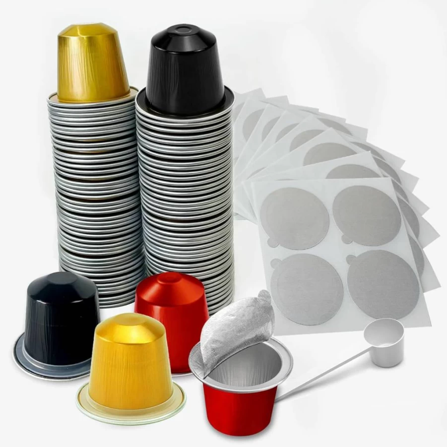 Nuyoach Refillable Espresso Pods for Nespresso Original Line - 60 Reusable Aluminum Coffee Capsules with Lids & Spoon, Compatible with Nespresso Machines