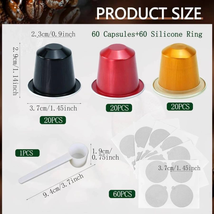 Nuyoach Refillable Espresso Pods for Nespresso Original Line - 60 Reusable Aluminum Coffee Capsules with Lids & Spoon, Compatible with Nespresso Machines