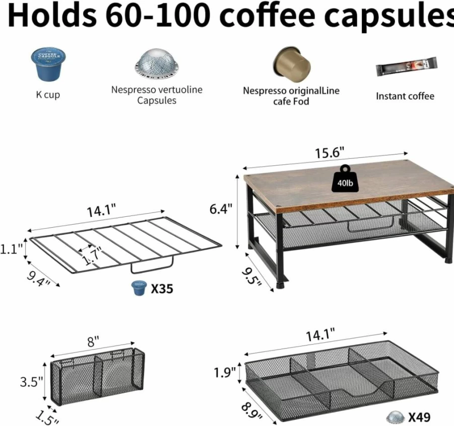 Spacrea 2-Tier Sliding Drawer K-Cup Organizer - 63 Large or 80 Small Coffee Pod Holder for Countertop, Kitchen Storage & Accessories