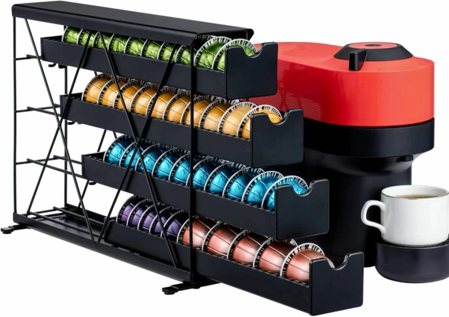 ZCDCP 5-Tier Black Metal Wall Mount Coffee Pod Holder for Nespresso & Vertuo, Capsule Storage Organizer with 50-Capacity, Space-Saving Drawer Design