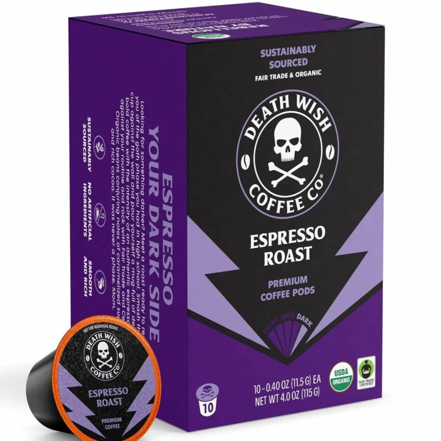 Death Wish Coffee Organic Fair Trade Espresso Pods - Single Serve Coffee Capsules (10 Count)