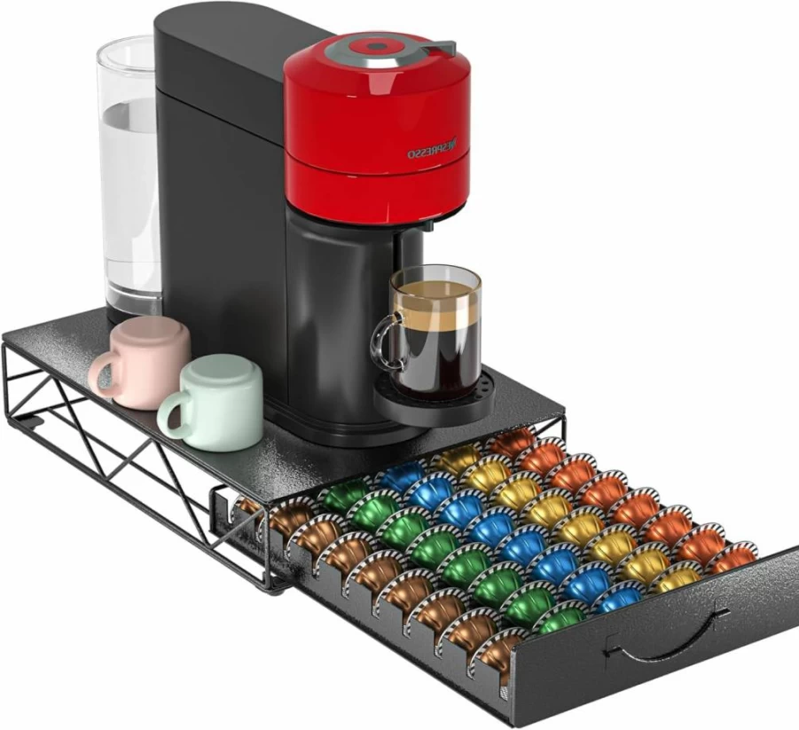 HFHOME Metal Coffee Pod Organizer - 50 VertuoLine & 40 K-Cup Capsule Storage Drawer for Home, Office, Countertop