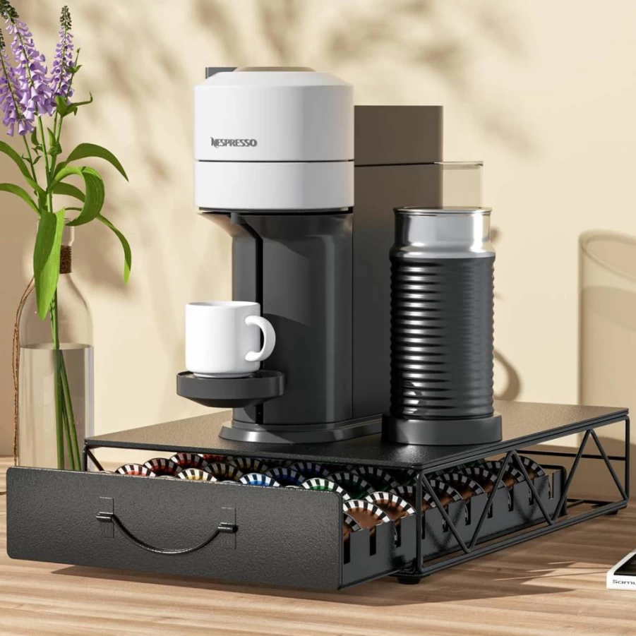 HFHOME Metal Coffee Pod Organizer - 50 VertuoLine & 40 K-Cup Capsule Storage Drawer for Home, Office, Countertop