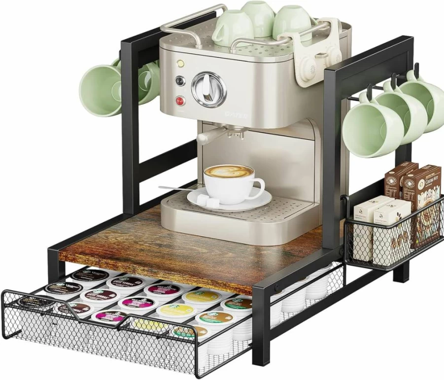 KLM K-Cup Organizer Drawer - 35-Pod Storage with Mug Rack, Countertop Coffee Maker Stand, Sturdy Kitchen Counter Organizer for Keurig Pods
