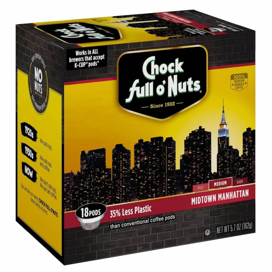 Chock Full o' Nuts Dark Roast Arabica Coffee K-Cup Pods, Keurig Compatible Single Serve Eco-Friendly Cups, 12 Count Pack