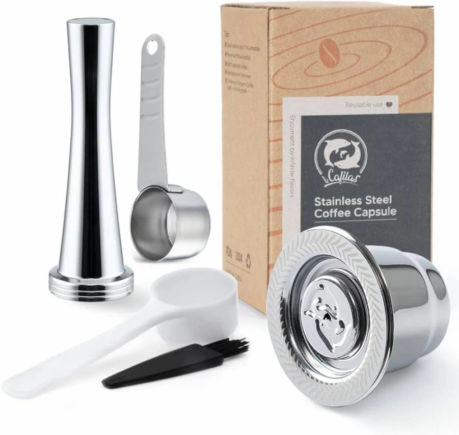 RECAFIMIL Stainless Steel Reusable Coffee Pod Capsule Holder with Tamper & Spoon for Nespresso Machines - Eco-Friendly & Durable