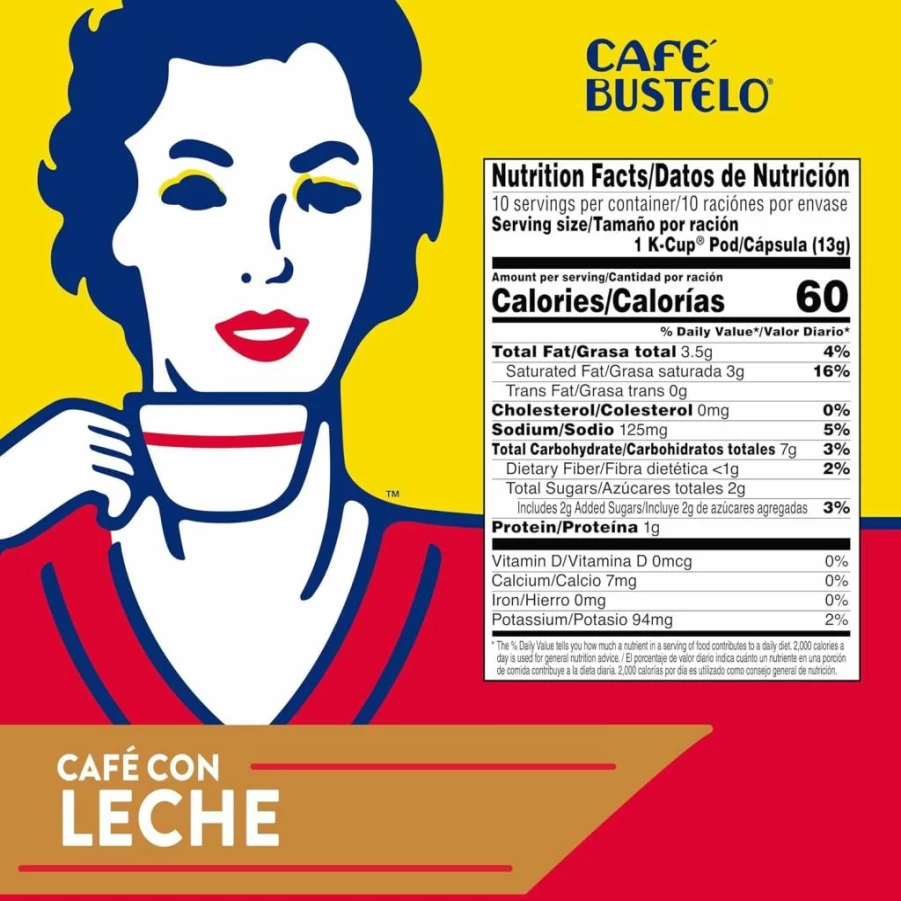 Cafe Bustelo Cafe Con Leche Flavored Espresso K-Cup Pods for Keurig - 60 Count