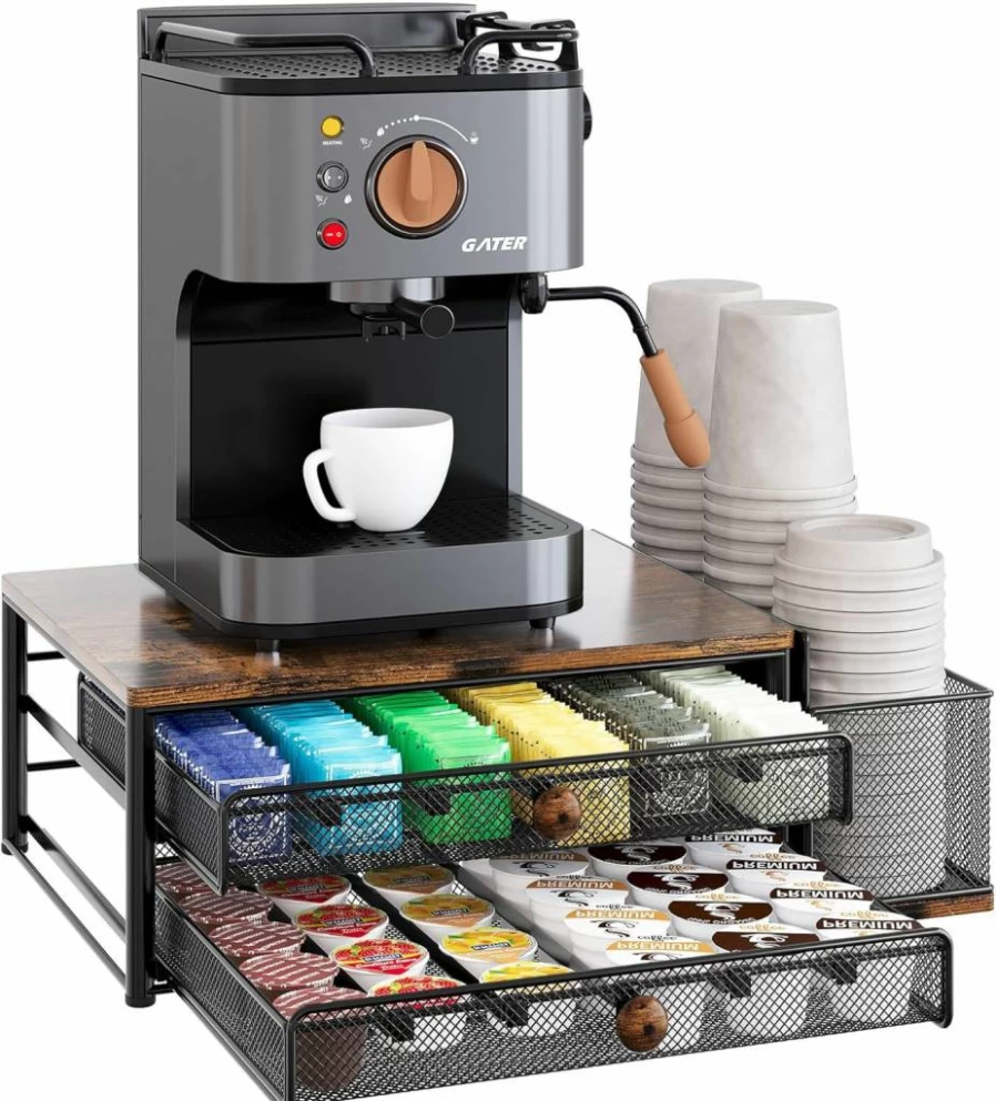TQVAI 2-Tier Sliding K-Cup Storage Drawer with 60 Capsule Capacity, Includes Disposable Cups & Lids Holder, Countertop Coffee Bar Organizer in Black