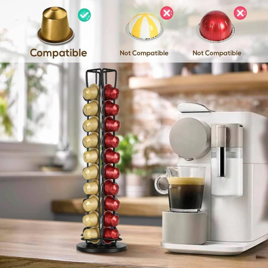 RECAPS Rotatable Coffee Pod Holder Stand for Nespresso OriginalLine - 40-Capsule Carousel Organizer, Space-Saving Countertop Storage Rack (Black)