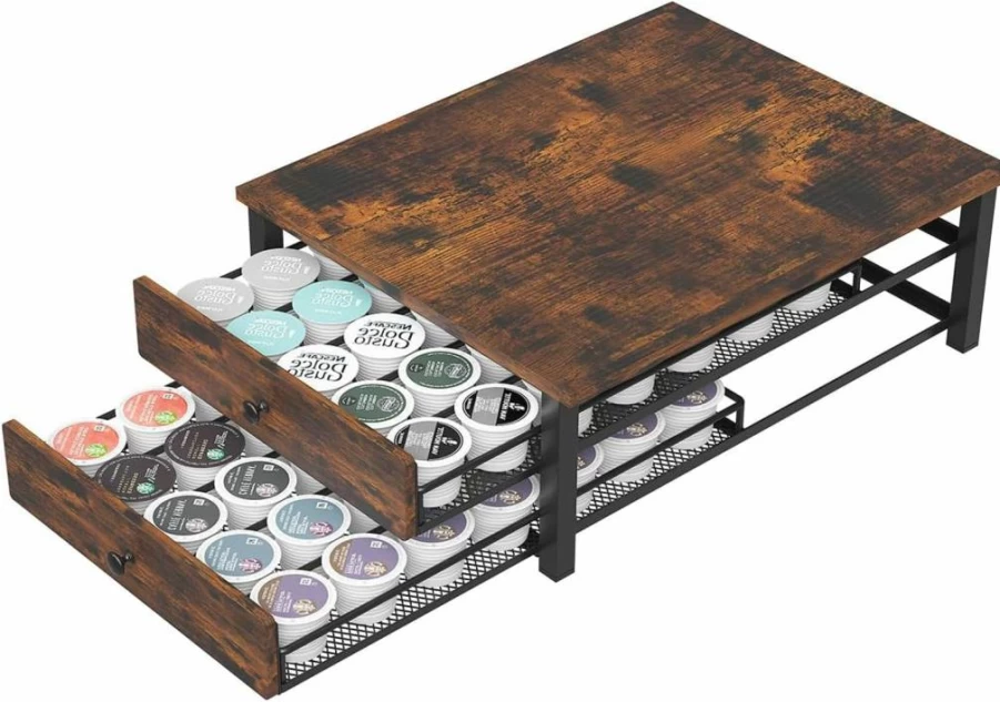 KOKSTOP 2-Tier K-Cup Organizer with Rustic Wood & Sliding Baskets - Holds 70 Coffee Pods for Office, Cafe, or Home Counter - Black K-Cup Storage Drawer
