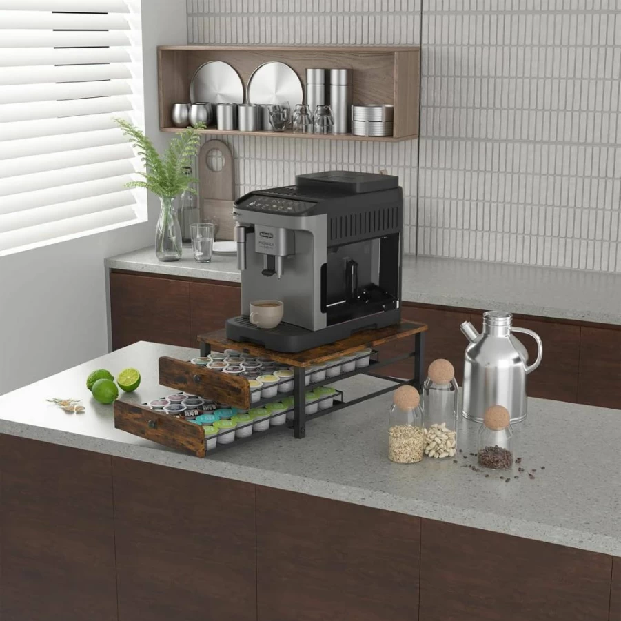 KOKSTOP 2-Tier K-Cup Organizer with Rustic Wood & Sliding Baskets - Holds 70 Coffee Pods for Office, Cafe, or Home Counter - Black K-Cup Storage Drawer