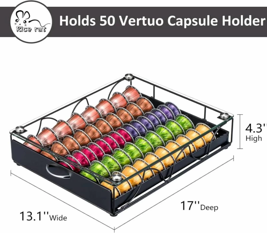 Rice Rat Nespresso Capsule Holder Drawer with Glass, VertuoLine Pod Storage Rack for Cabinet or Countertop