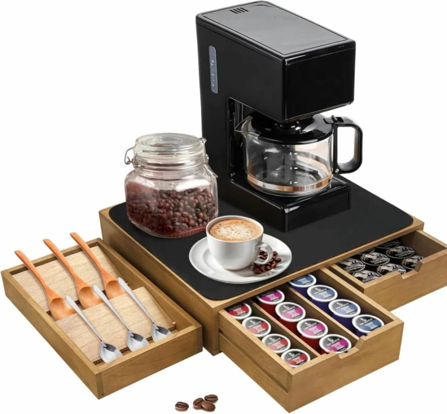 Mosucoirl Wooden Coffee Pod Organizer with Drawer & Mat - K-Cup Holder for Kitchen, Office, Coffee Bars - Tea Bag Storage Stand for Keurig