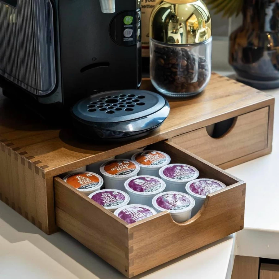 FLYIEE Wooden K-Cup Organizer with 30-Pod Capacity, Under Coffee Maker Storage Drawer for Keurig Pods & Tea, Compact Coffee Pod Holder - Espresso Machine Stand & Organizador De Café