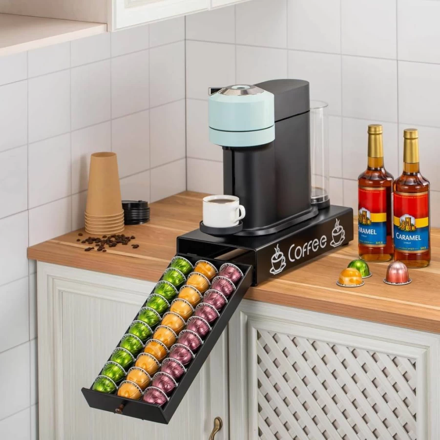 Rice Rat Nespresso Pod Storage Organizer - 8.3" Wide Countertop Drawer Holds 30 Coffee Capsules, Compact 16.5" Deep x 3.5" High Cabinet for VertuoLine & OriginalLine Pods