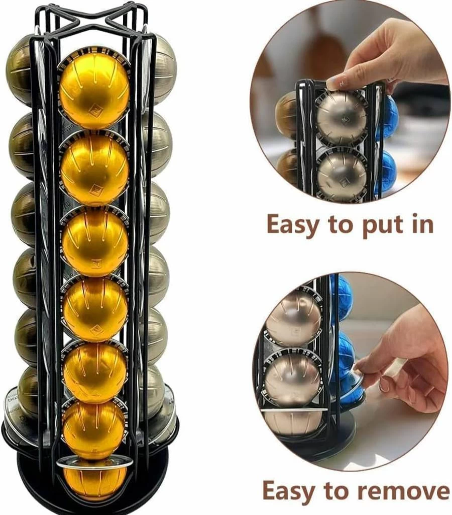 Miuly Rotating Coffee Capsule Holder for Nespresso VertuoLine - 28 Pod Storage Stand, Black Organizer Rack for Vertuo Capsules