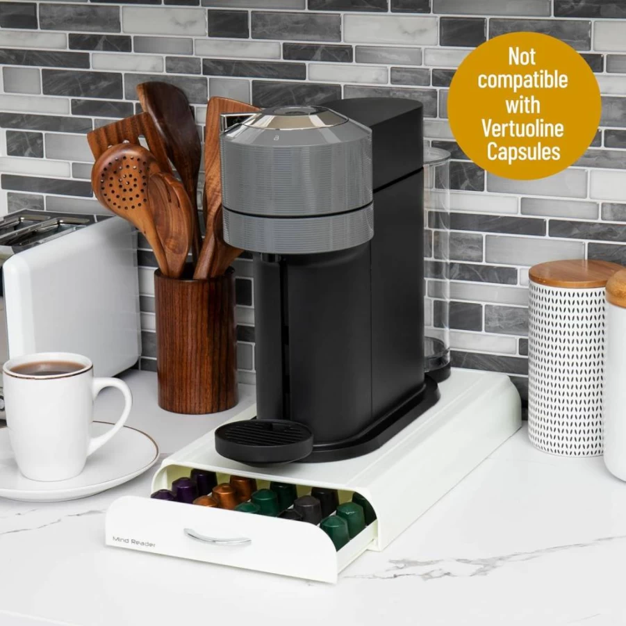 Mind Reader White Coffee Pod Organizer - Nespresso Capsule Holder, 9.25x15 Inch Countertop Storage Drawer for Compatible Coffee Pods