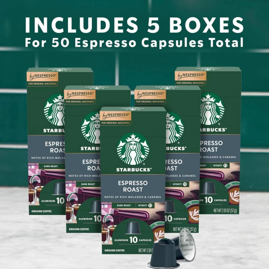 Starbucks Dark Roast Espresso Pods for Nespresso Original Line - 50 Count Capsules, Rich & Bold Coffee