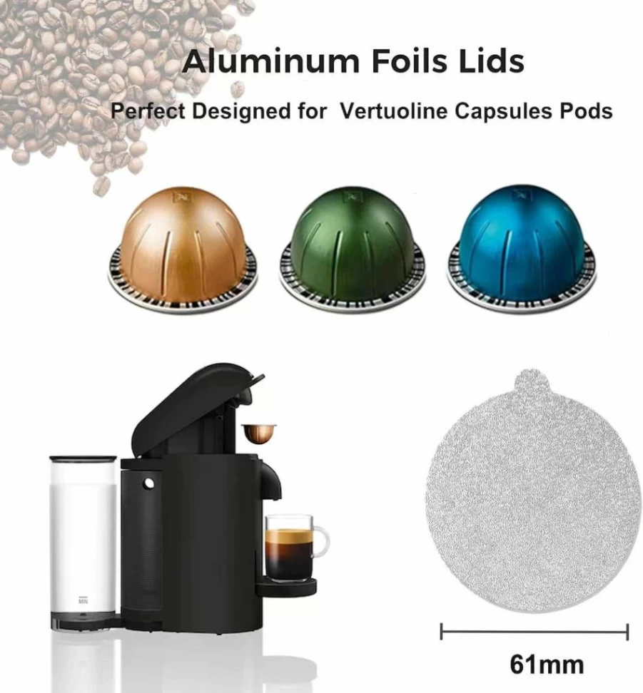 Clinuse 100Pcs Reusable Aluminum Foil Lids for Nespresso Vertuo Pods - 61mm White Coffee Capsule Covers Compatible with VertuoLine Machines